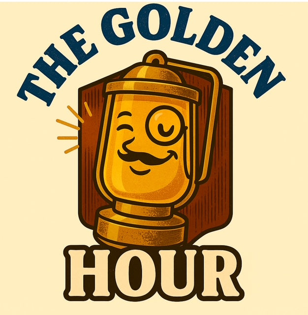 Logo for 'The Golden Hour' with a vintage-style lamp design on a beige background.