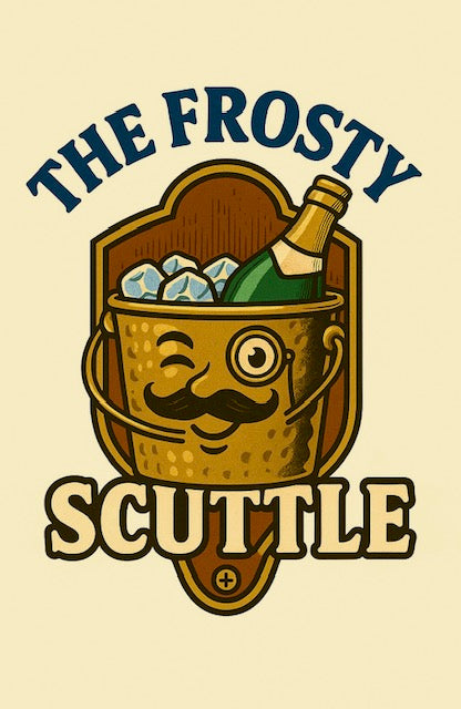 Logo of 'The Frosty Scuttle' with a bucket, bottle, and ice cubes on a beige background.