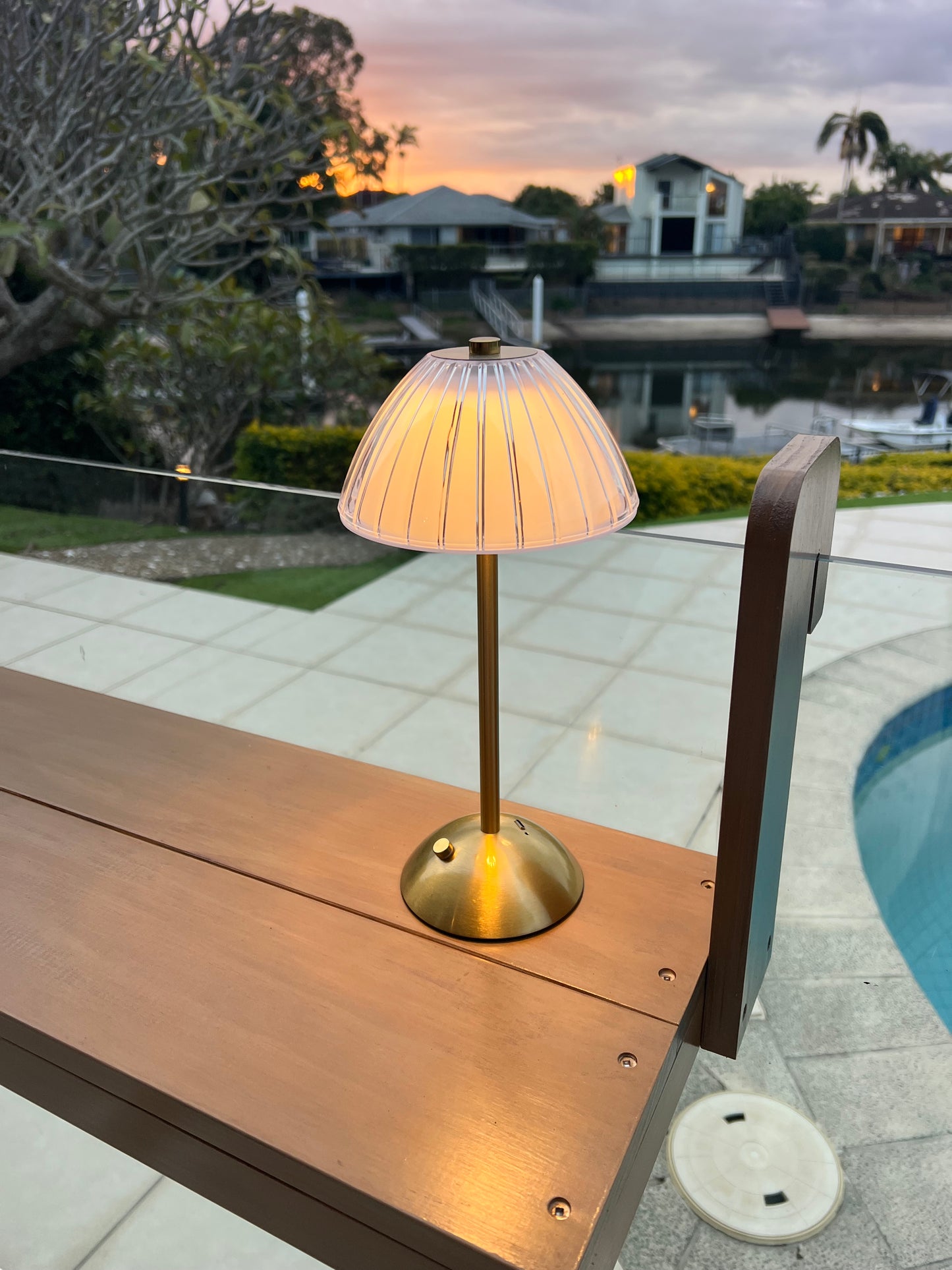 Art Deco Vintage Brass Outdoor table Light : Mother of Pearl