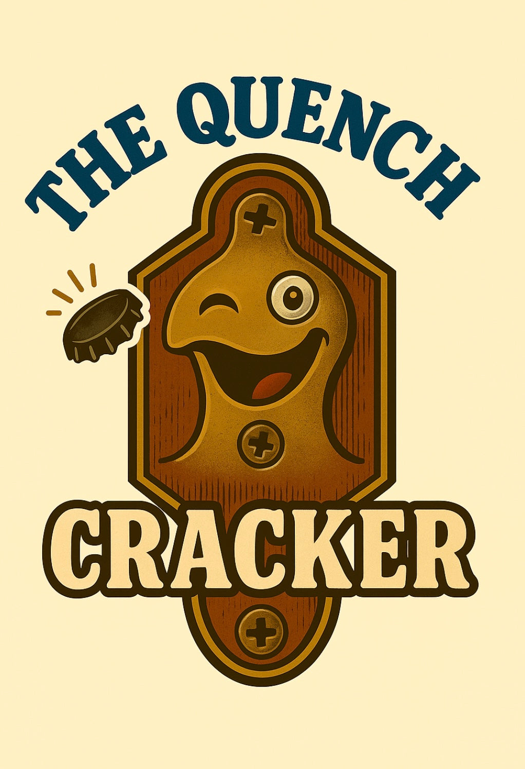 Logo of 'The Quench Cracker' with a cartoonish design on a beige background