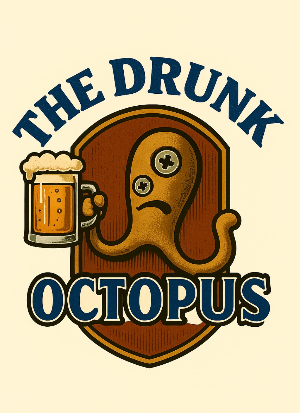 Logo of 'The Drunk Octopus' with an octopus holding a beer mug on a beige background.