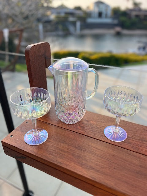 Iridescent Cut Acrylic Coupe Glasses & Pitcher Set for Outdoor Entertaining and Balcony Bars
