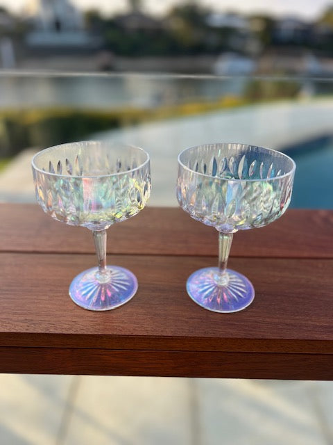 Iridescent Cut Acrylic Coupe Glasses & Pitcher Set for Outdoor Entertaining and Balcony Bars